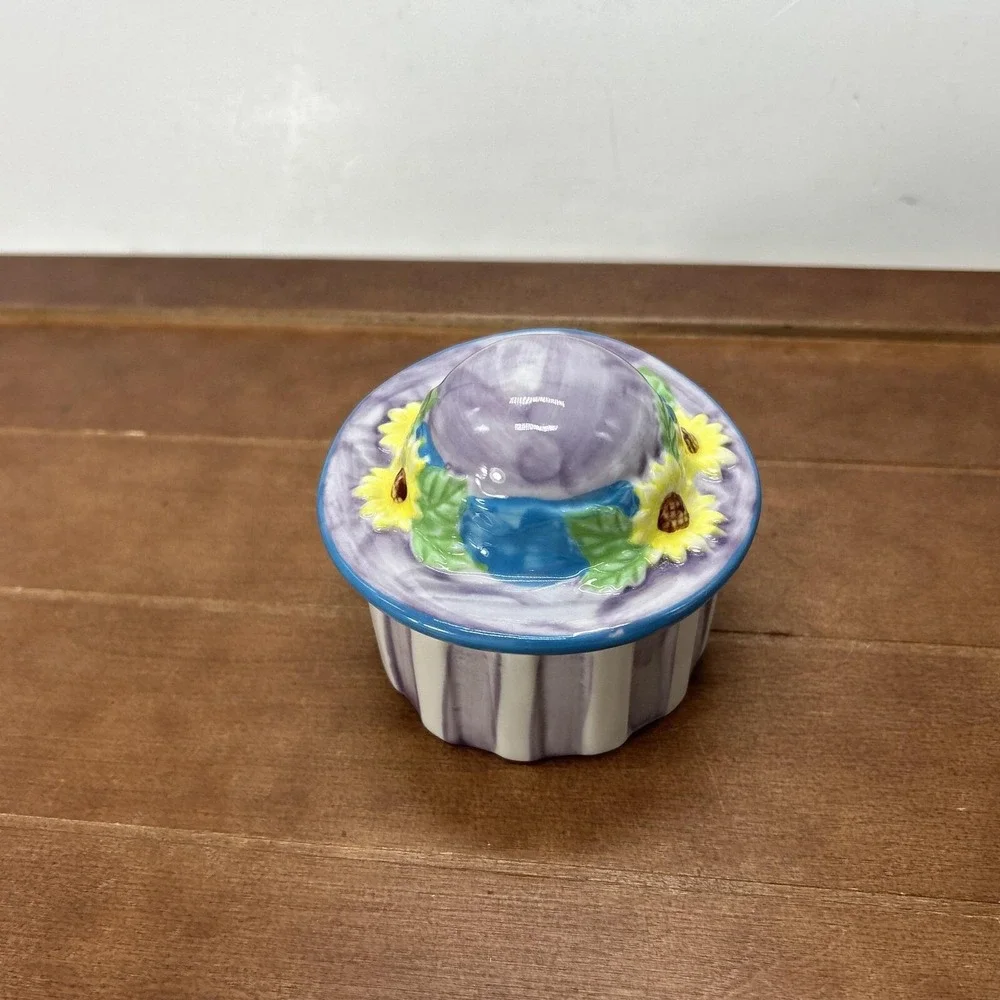 Sun Hat Garden Jewelry Trinket Box Yellow Sun Flowers‎ Purple White Stripes